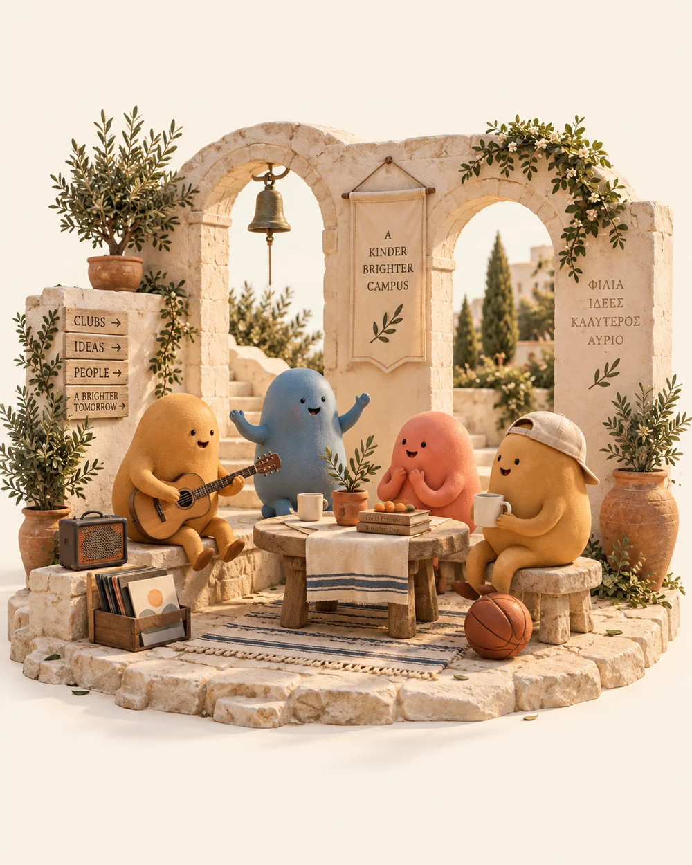 Little colorful characters meeting at a sunlit campus club courtyard