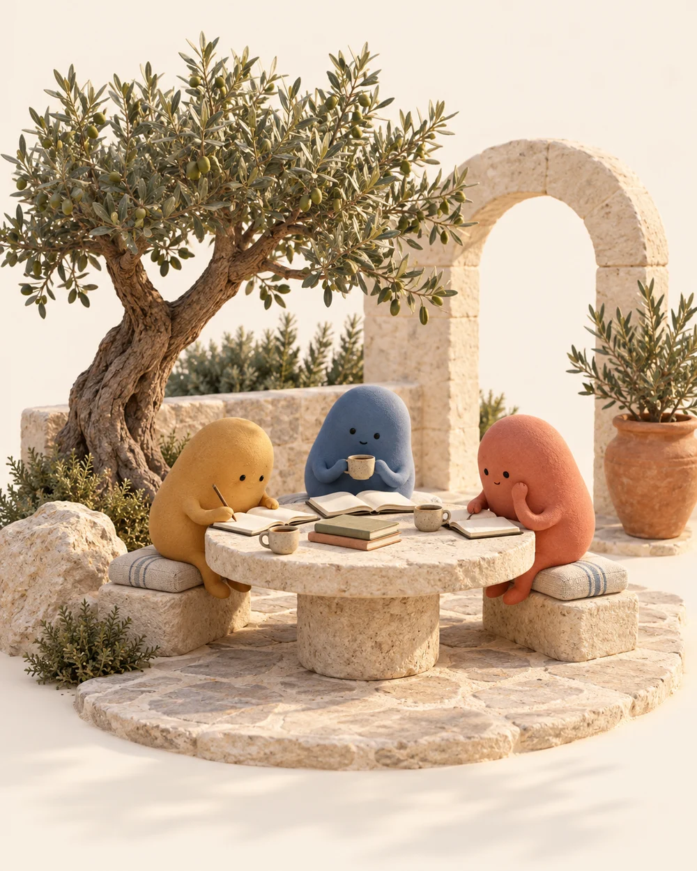 Three little friends sharing notebooks and coffee in a warm stone study courtyard